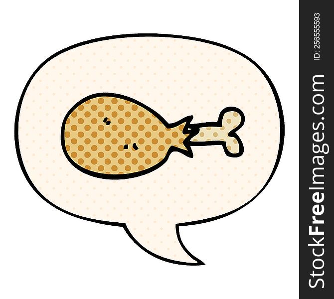 cartoon cooked chicken leg with speech bubble in comic book style