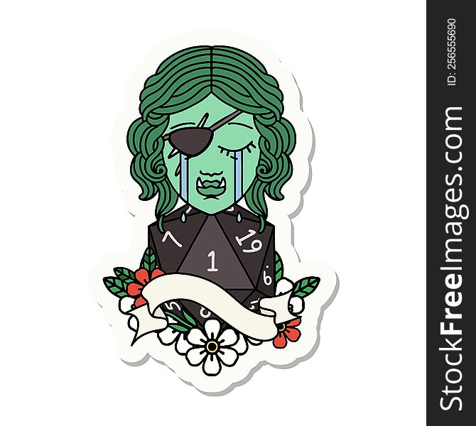 sticker of a crying orc rogue character face with natural one d20 dice roll. sticker of a crying orc rogue character face with natural one d20 dice roll