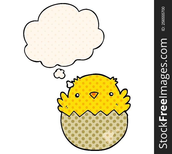 cartoon chick hatching from egg with thought bubble in comic book style