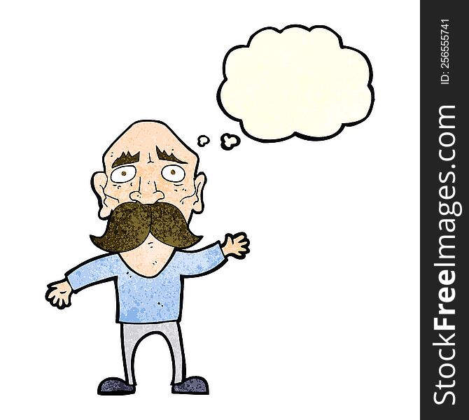 cartoon worried old man with thought bubble