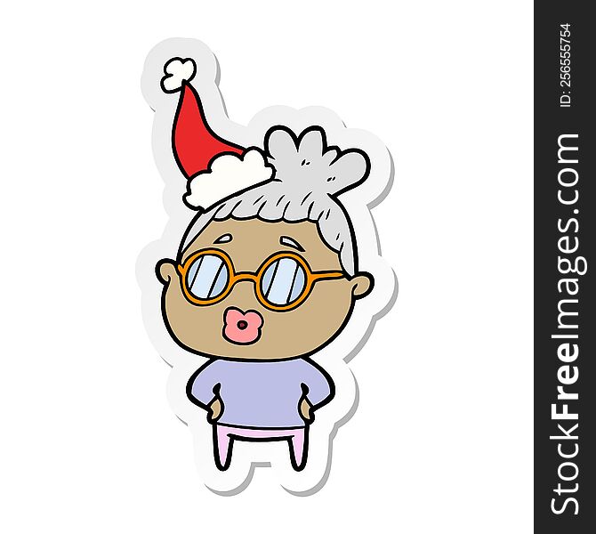 hand drawn sticker cartoon of a librarian woman wearing spectacles wearing santa hat