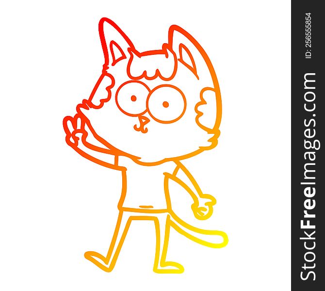 Warm Gradient Line Drawing Happy Cartoon Cat Giving Peace Sign