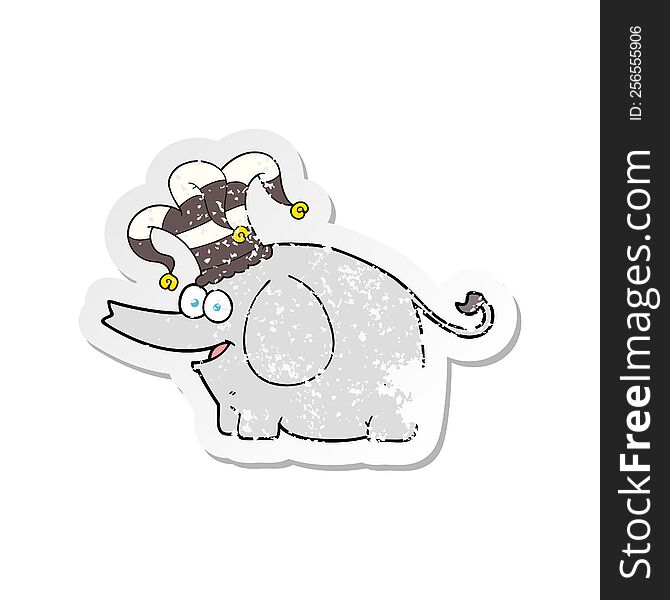 retro distressed sticker of a cartoon elephant wearing circus hat
