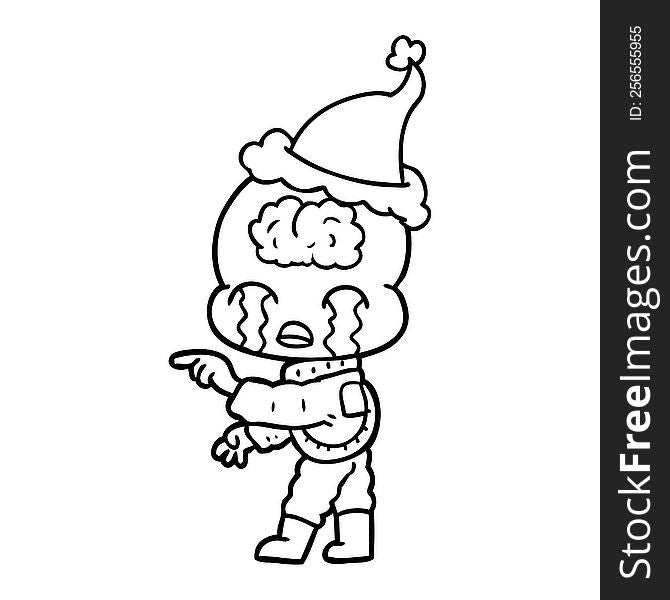 Line Drawing Of A Big Brain Alien Crying And Pointing Wearing Santa Hat