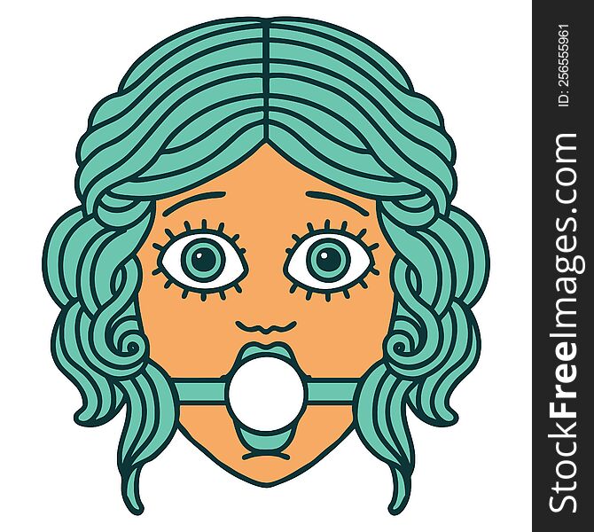 iconic tattoo style image of female face wearing a ball gag. iconic tattoo style image of female face wearing a ball gag