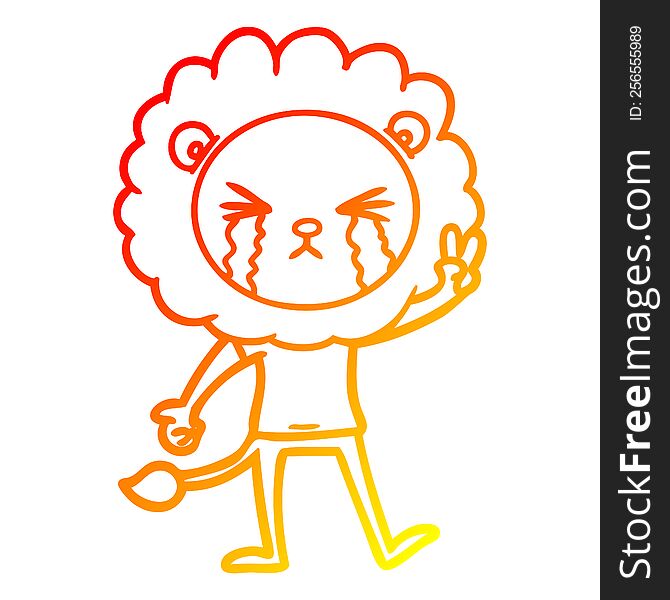 warm gradient line drawing of a cartoon crying lion giving peace sign