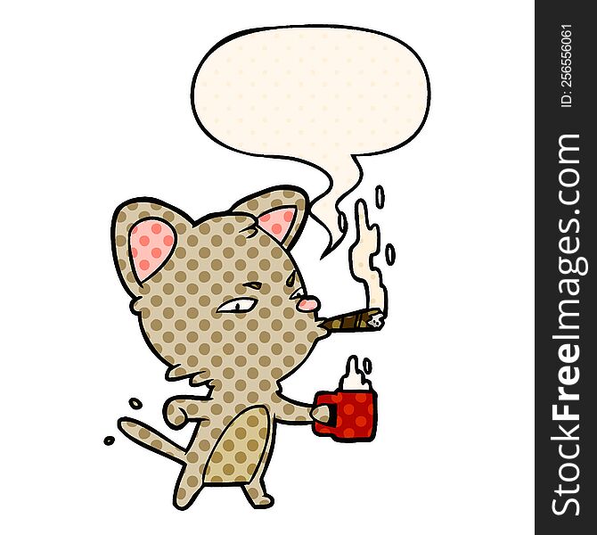 cartoon serious business cat and coffee and cigar and speech bubble in comic book style