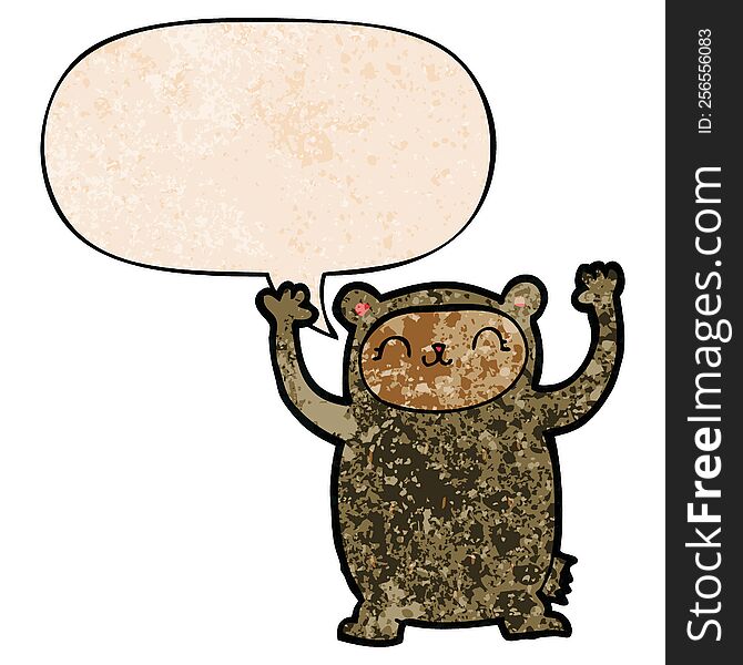 Cute Cartoon Bear And Speech Bubble In Retro Texture Style