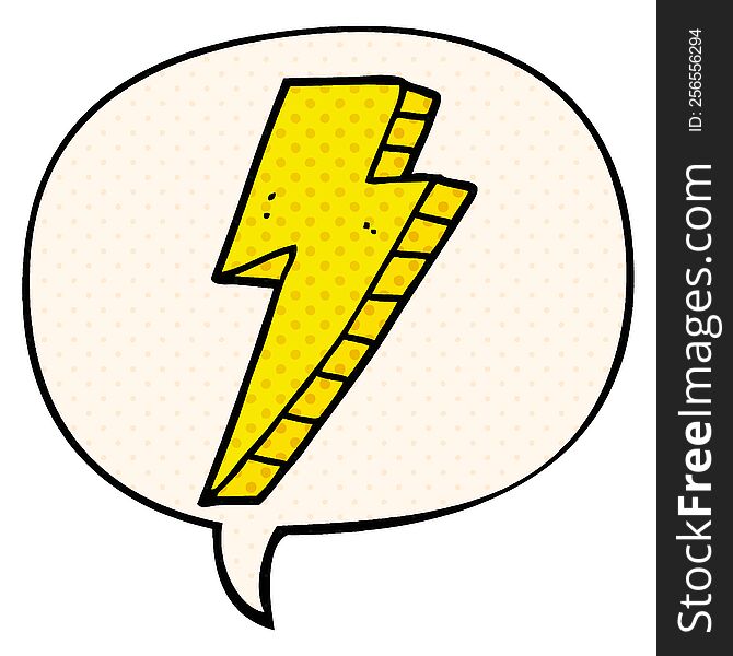 cartoon lightning bolt with speech bubble in comic book style