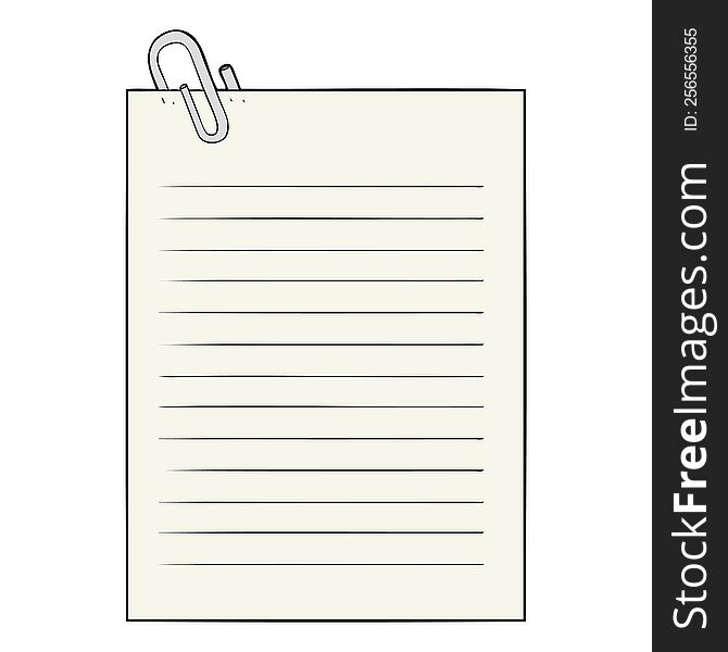 cartoon lined paper with paperclip. cartoon lined paper with paperclip