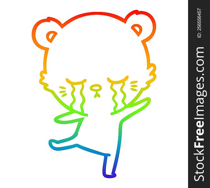 rainbow gradient line drawing of a crying cartoon bear balancing