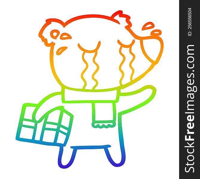 rainbow gradient line drawing of a cartoon crying christmas polar bear