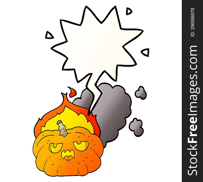 cartoon flaming halloween pumpkin with speech bubble in smooth gradient style