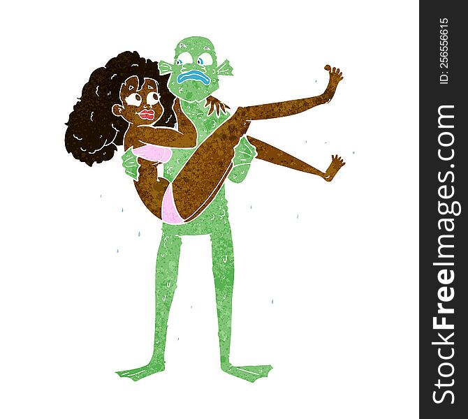 cartoon swamp monster carrying woman in bikini