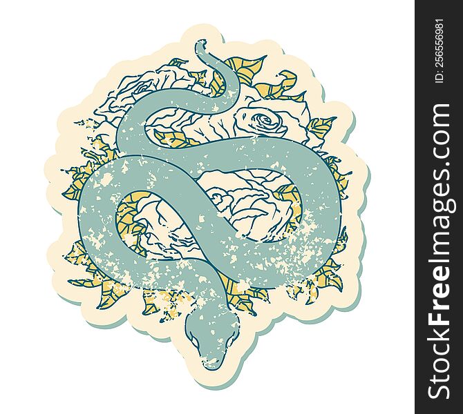iconic distressed sticker tattoo style image of snake and roses. iconic distressed sticker tattoo style image of snake and roses
