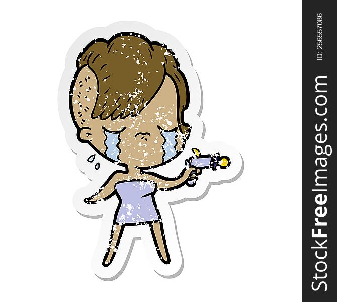 distressed sticker of a cartoon crying girl pointing ray gun