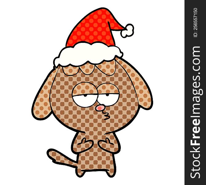 Comic Book Style Illustration Of A Bored Dog Wearing Santa Hat