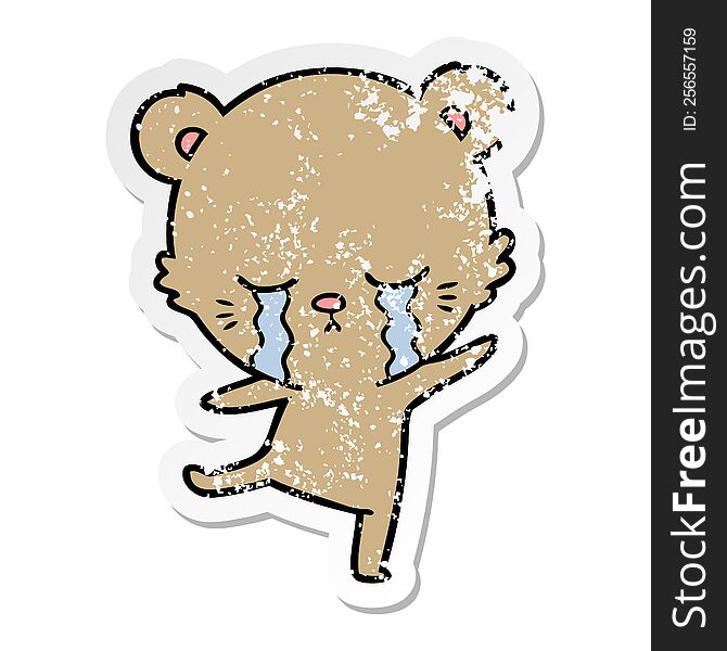 Distressed Sticker Of A Crying Cartoon Bear Balancing