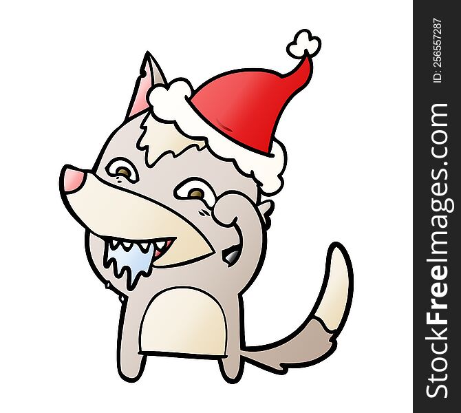 hand drawn gradient cartoon of a hungry wolf wearing santa hat