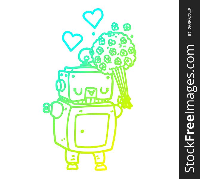 Cold Gradient Line Drawing Cartoon Robot In Love