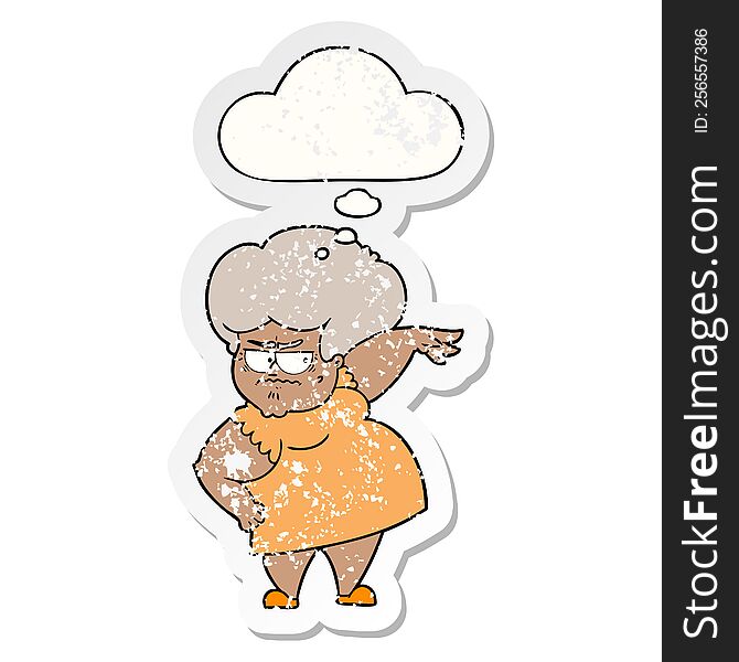Cartoon Angry Old Woman And Thought Bubble As A Distressed Worn Sticker