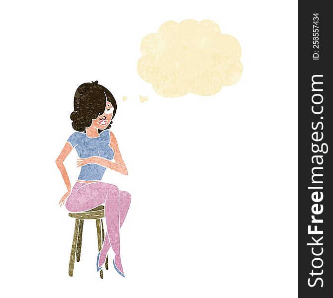 cartoon woman sitting on bar stool with thought bubble