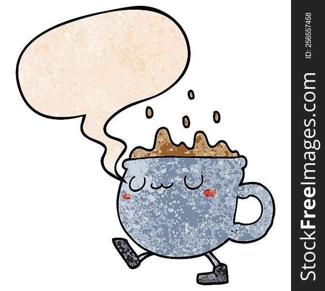 cartoon coffee cup walking and speech bubble in retro texture style