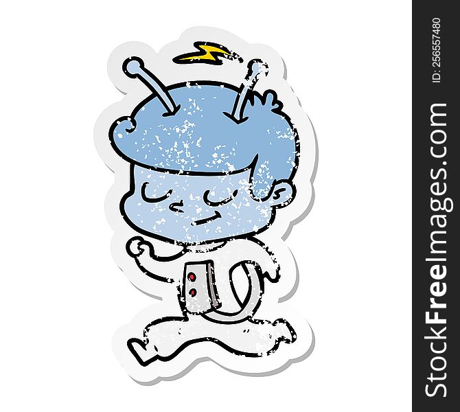 distressed sticker of a friendly cartoon spaceman running