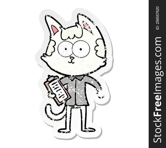 Distressed Sticker Of A Happy Cartoon Salesman Cat