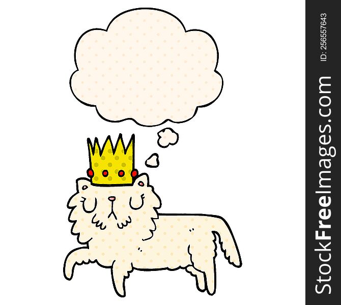 cartoon cat wearing crown with thought bubble in comic book style