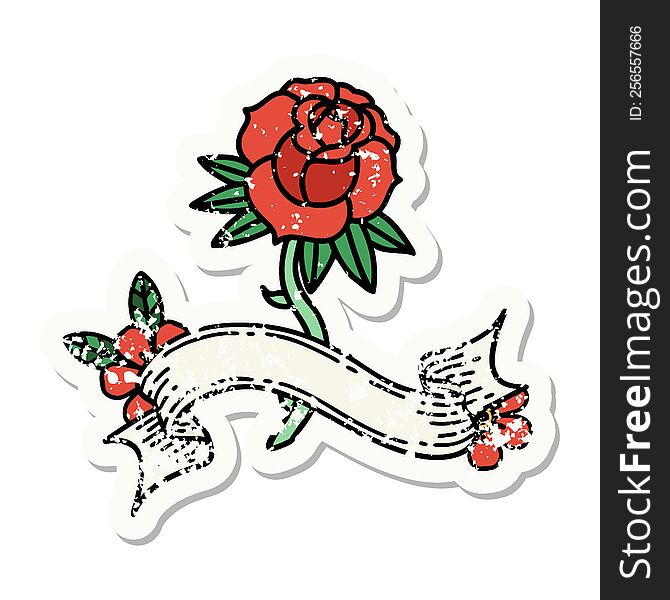 worn old sticker with banner of a rose. worn old sticker with banner of a rose