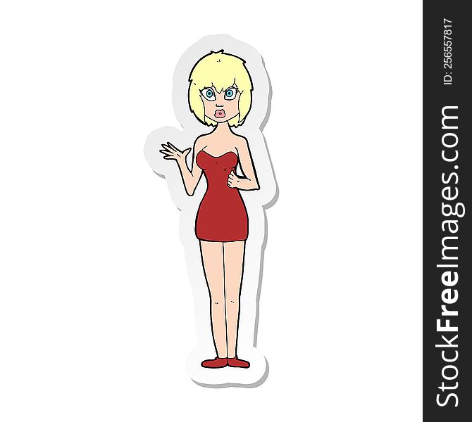 sticker of a cartoon confused woman in cocktail dress