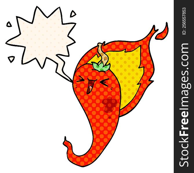 cartoon flaming hot chili pepper with speech bubble in comic book style