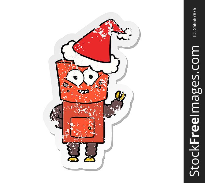 happy hand drawn distressed sticker cartoon of a robot waving hello wearing santa hat
