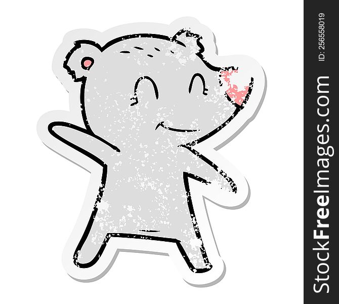 Distressed Sticker Of A Smiling Bear Pointing
