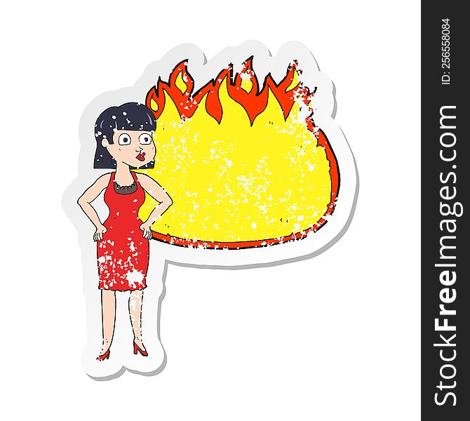 Retro Distressed Sticker Of A Cartoon Woman In Dress With Hands On Hips And Flame Banner