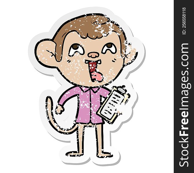 distressed sticker of a crazy cartoon monkey with clipboard