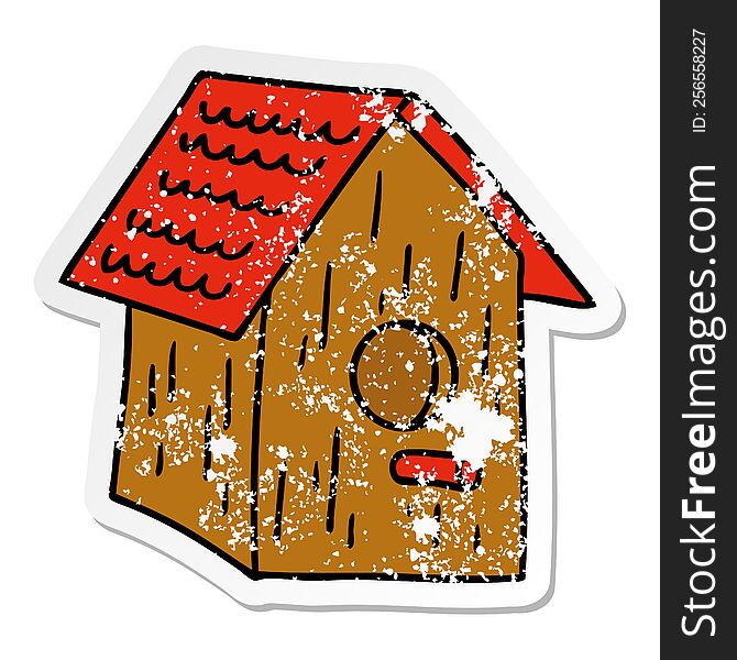 distressed sticker cartoon doodle of a wooden bird house