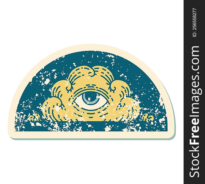 iconic distressed sticker tattoo style image of an all seeing eye cloud. iconic distressed sticker tattoo style image of an all seeing eye cloud
