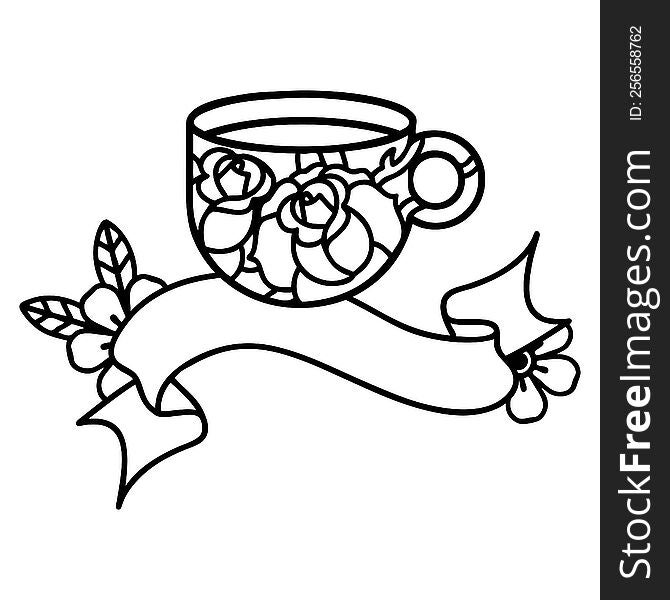 traditional black linework tattoo with banner of a cup and flowers