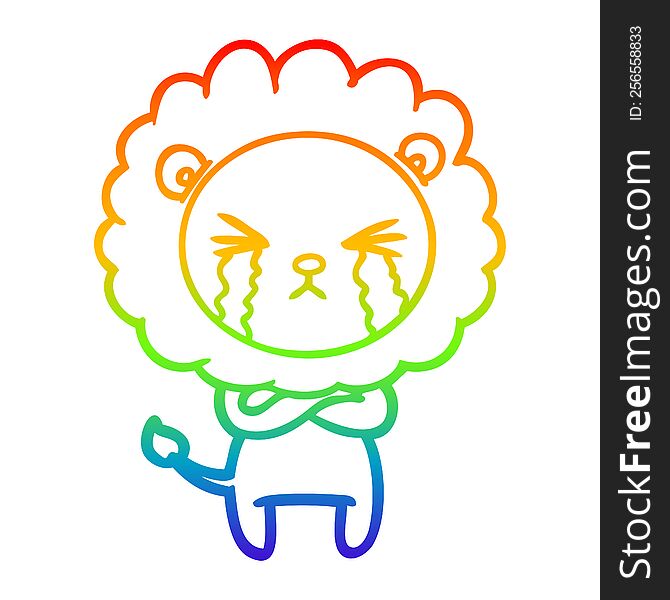 Rainbow Gradient Line Drawing Cartoon Crying Lion With Crossed Arms