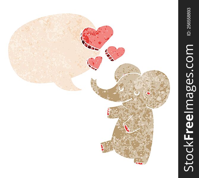 cartoon elephant with love hearts with speech bubble in grunge distressed retro textured style. cartoon elephant with love hearts with speech bubble in grunge distressed retro textured style