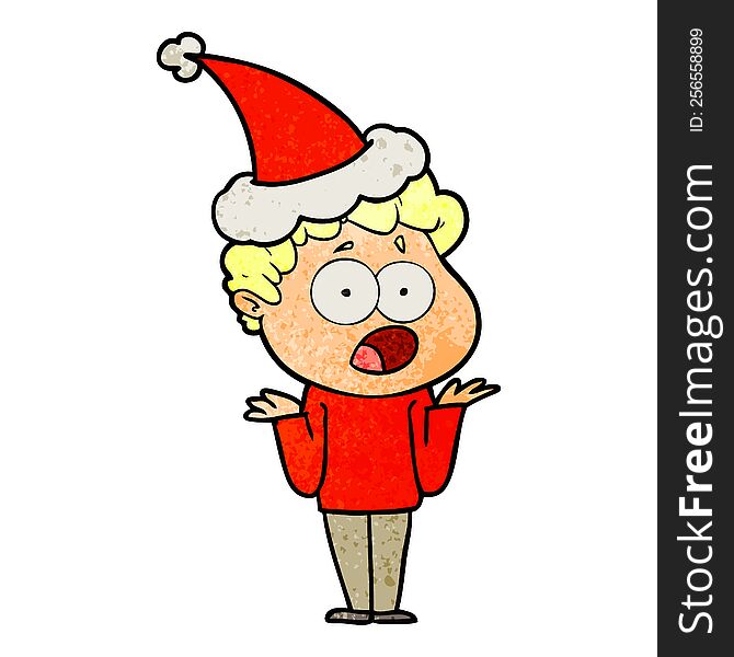 hand drawn textured cartoon of a man gasping in surprise wearing santa hat