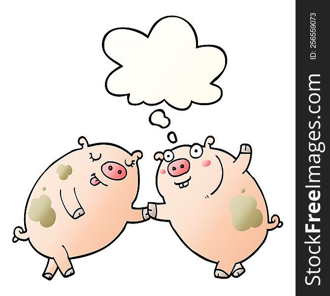 Cartoon Pigs Dancing And Thought Bubble In Smooth Gradient Style