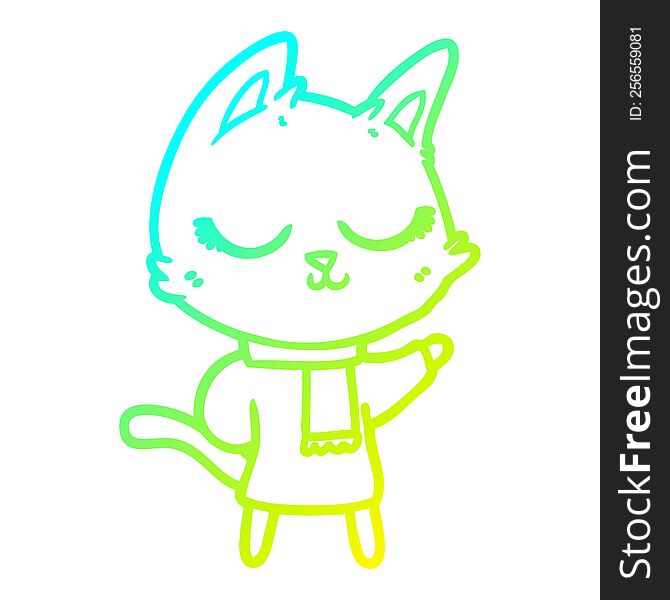 cold gradient line drawing of a calm cartoon cat wearing scarf