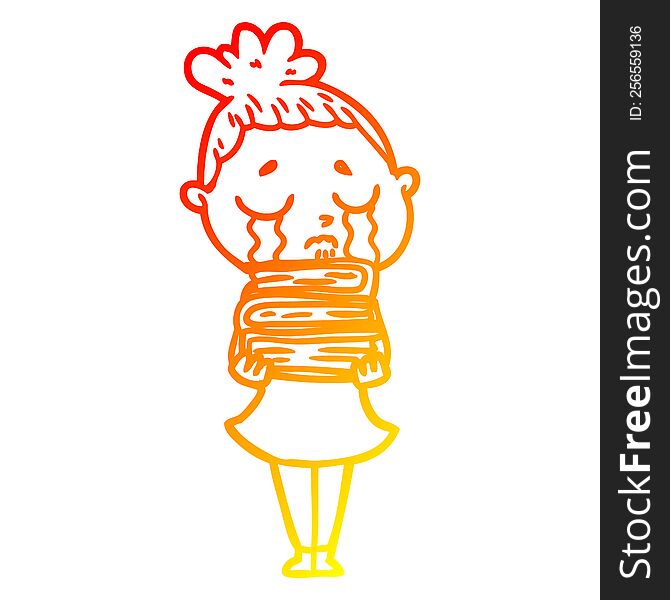 warm gradient line drawing cartoon crying woman with stack of books