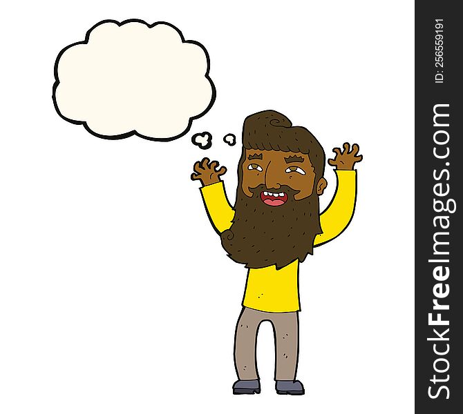 Cartoon Happy Bearded Man Waving Arms With Thought Bubble