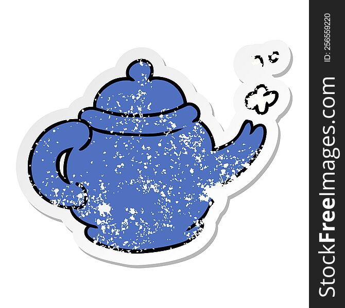 hand drawn distressed sticker cartoon doodle of a blue tea pot