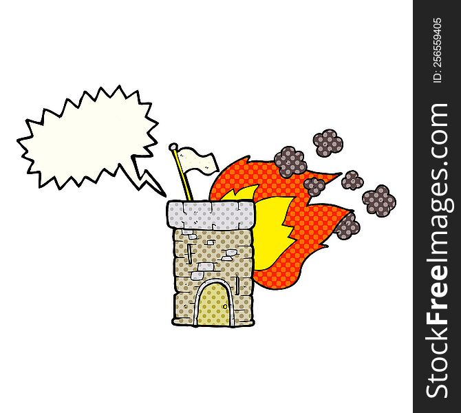 freehand drawn comic book speech bubble cartoon burning castle tower