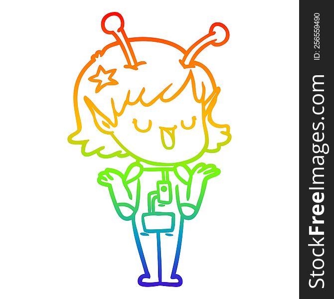 Rainbow Gradient Line Drawing Happy Alien Girl Cartoon